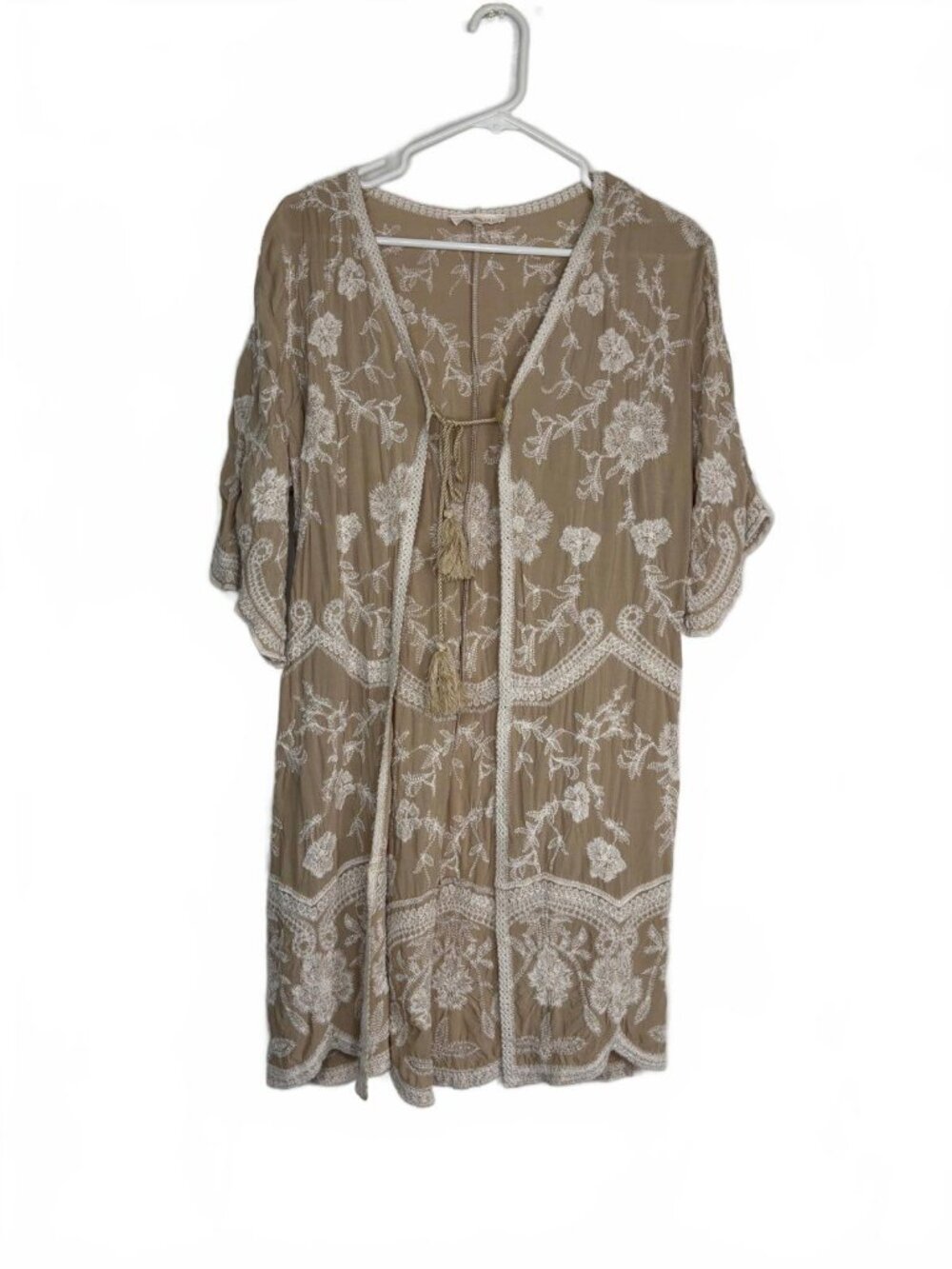 Solitaire Boho Embroidered Cardigan Cover Up Robe Jacket Beige Lace Medium